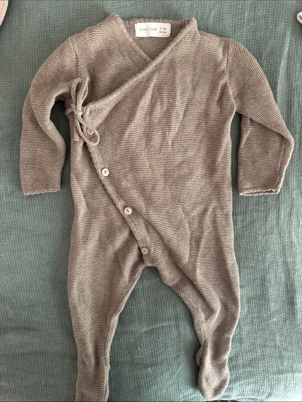 Quincy Mae Taupe Knit Wrap Footed One-Piece